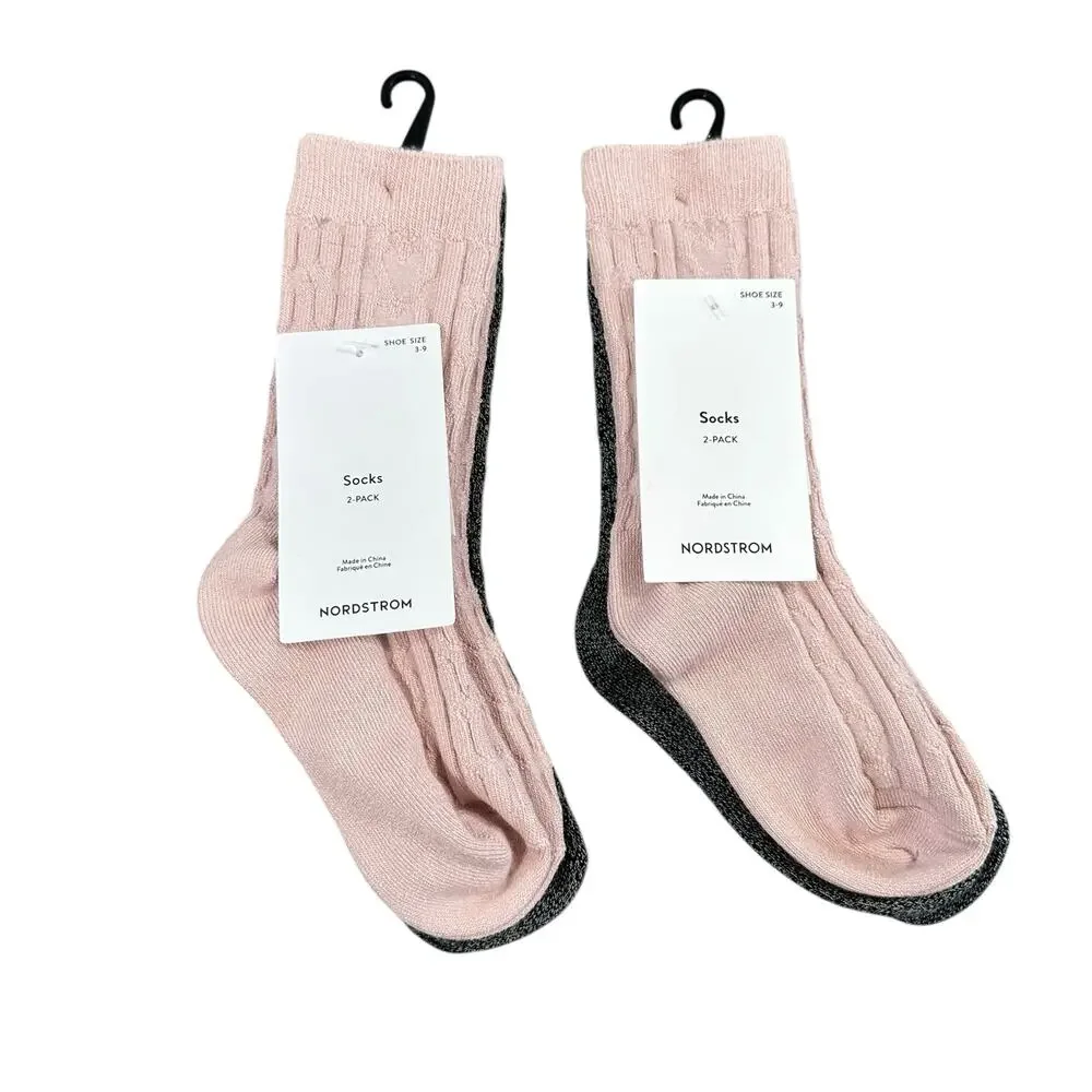 Nordstrom Kids' 2-Pack Heart Cable Crew Socks Set of 2 Shoe Size 3-9